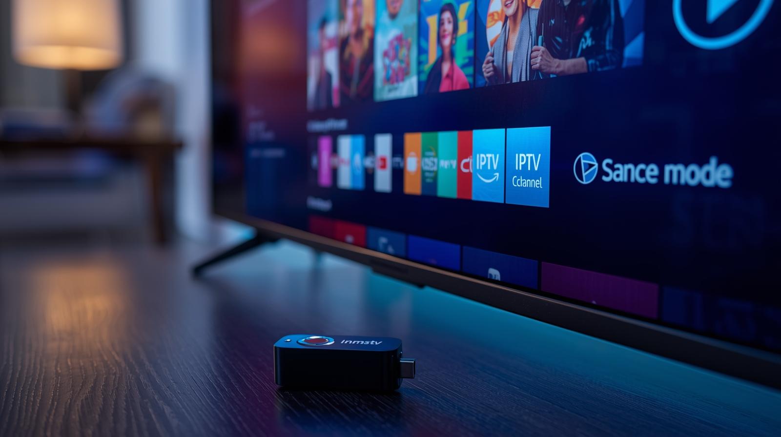 صورة توضح مفهوم IPTV، مثل صورة لشاشة تلفاز تعرض تطبيق IPTV أو جهاز بث (مثل Amazon Fire Stick).